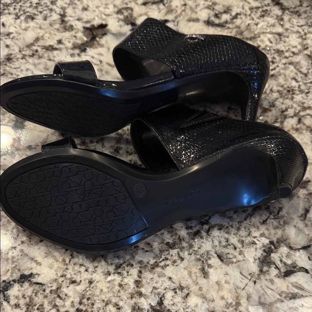 Calvin Klein Black Patent & Snake-Texture Heel Sandals - Picture 6 of 9